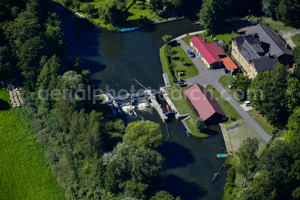 Aerial image Lübbenau/Spreewald - Lockage of the Luebbenauer Schneidmuehlenfliess - Hauptspree in Luebbenau/Spreewald at Spreewald in the state Brandenburg, Germany