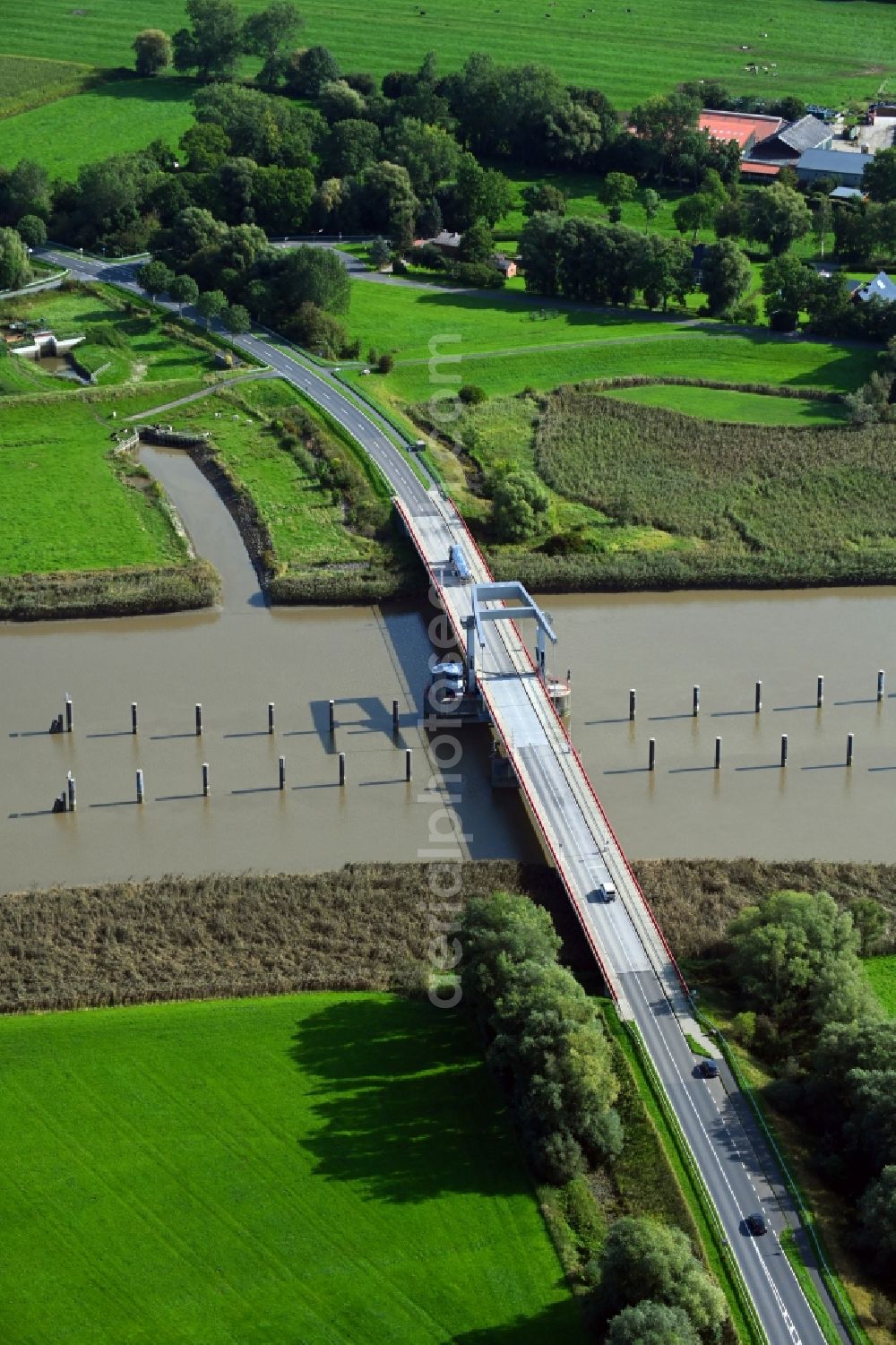 Geversdorf from above - Lockage of the of Oste in the district Itzwoerden in Geversdorf in the state Lower Saxony, Germany