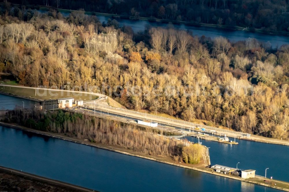 Rhinau from the bird's eye view: Lockage of the on Rhein river in Rhinau in Grand Est, France