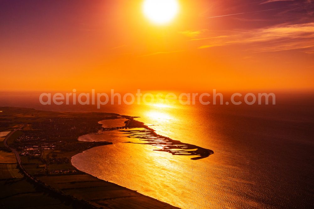 Großenbrode from above - Reflection and sun rays reflection on the water - surface in Grossenbrode on the Baltic Sea coast in the state Schleswig-Holstein, Germany