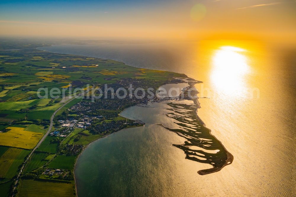 Großenbrode from above - Reflection and sun rays reflection on the water - surface in Grossenbrode on the Baltic Sea coast in the state Schleswig-Holstein, Germany