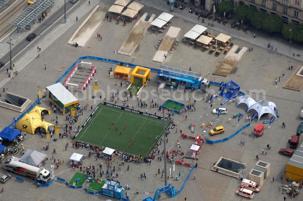 Aerial photograph Dresden - Start der Spielfreude-Tour zur FIFA U-20-Frauen-Weltmeisterschaft 2010 mit Parcours auf dem Dresdener Altmarkt. Beginning of the Joy-game tour for the FIFA U-20 Women's World Cup 2010 in Dresden.