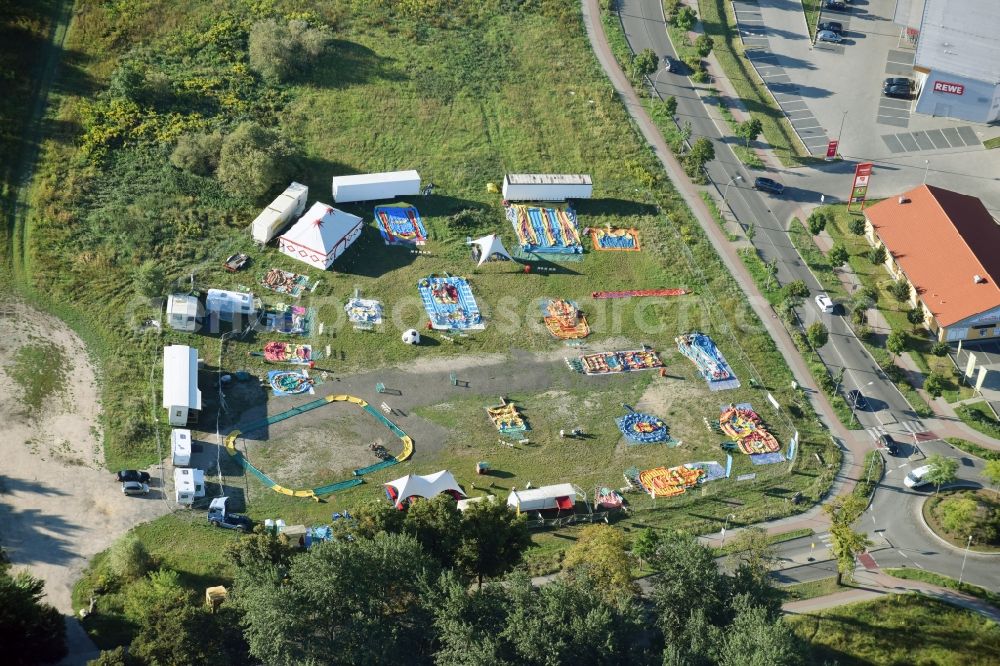 Teltow from above - Playground with bouncy castles and air slides in Teltow in the state Brandenburg