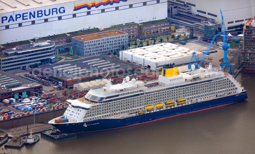 Aerial image Papenburg - Cruise ship Spirit of Adventure on the shipyard of the Meyer Werft in Papenburg in the state Lower Saxony, Germany