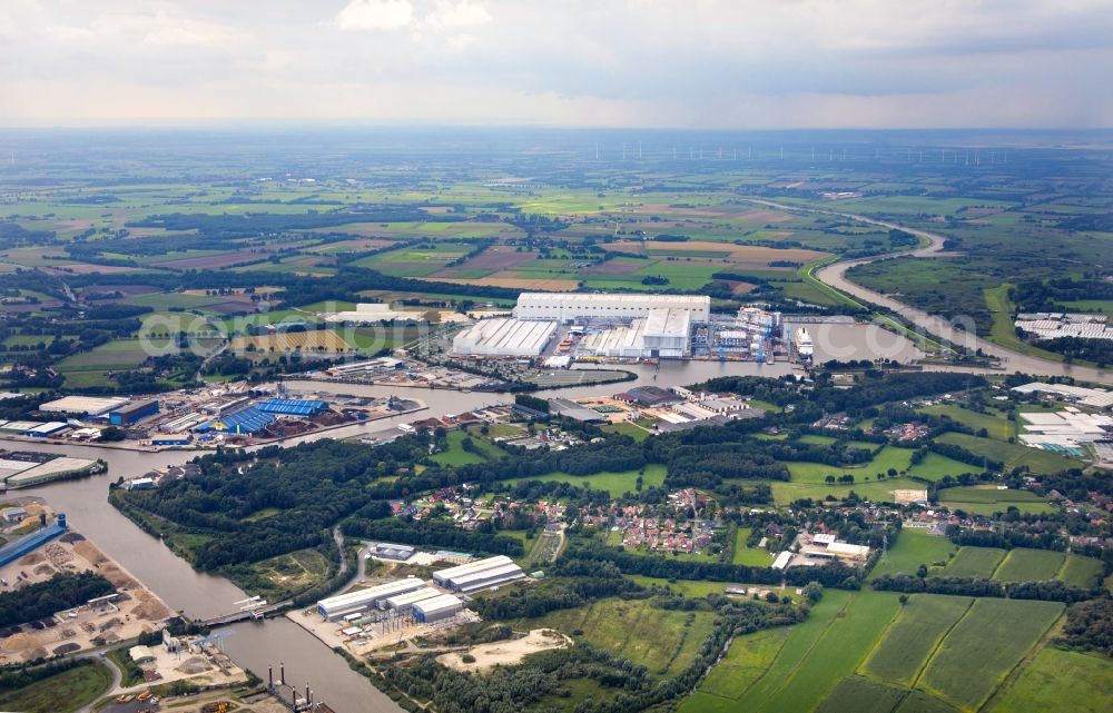 Aerial photograph Papenburg - Cruise ship Spirit of Adventure on the shipyard of the Meyer Werft in Papenburg in the state Lower Saxony, Germany