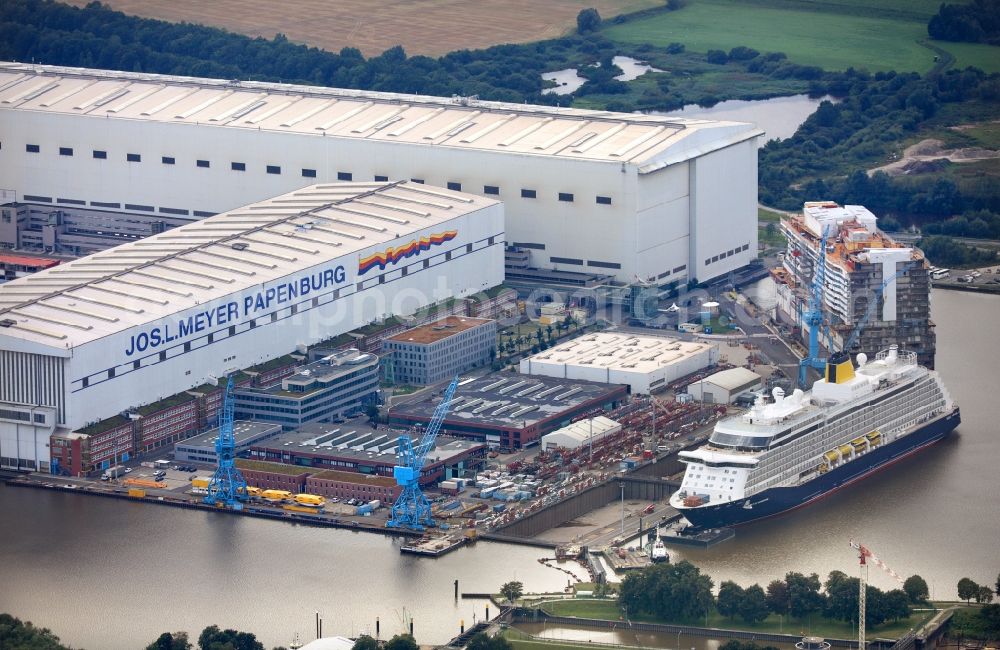 Papenburg from above - Cruise ship Spirit of Adventure on the shipyard of the Meyer Werft in Papenburg in the state Lower Saxony, Germany