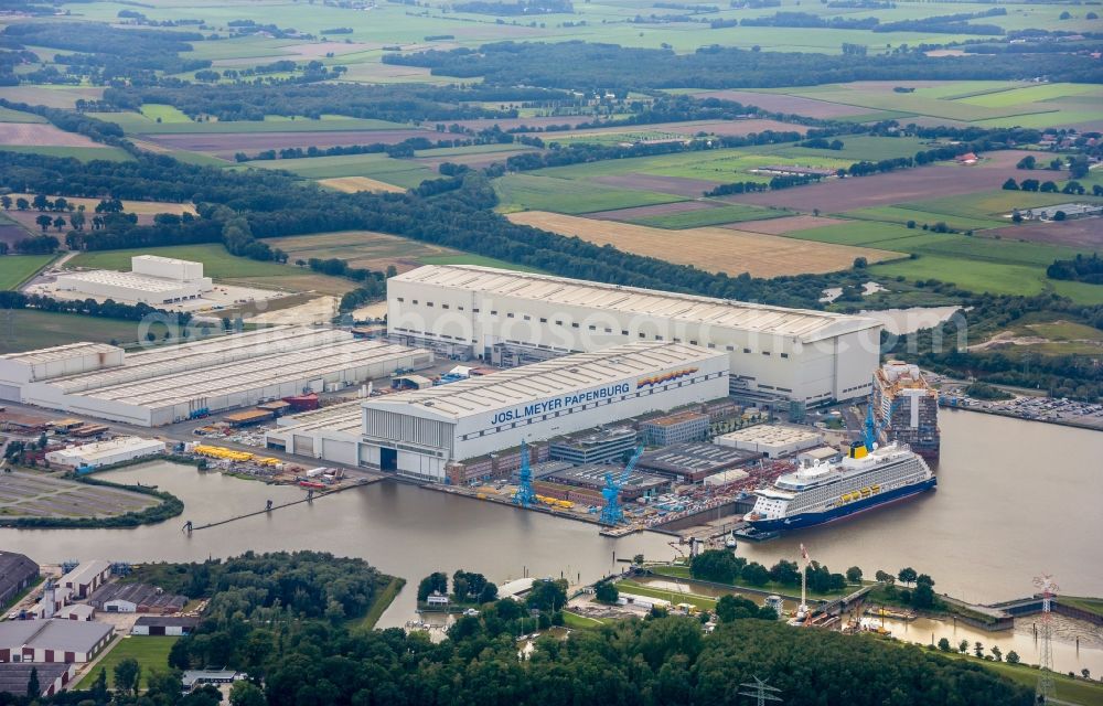 Papenburg from the bird's eye view: Cruise ship Spirit of Adventure on the shipyard of the Meyer Werft in Papenburg in the state Lower Saxony, Germany