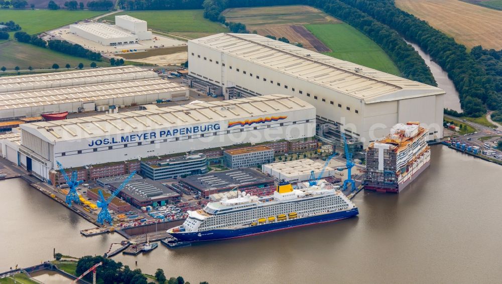 Aerial image Papenburg - Cruise ship Spirit of Adventure on the shipyard of the Meyer Werft in Papenburg in the state Lower Saxony, Germany