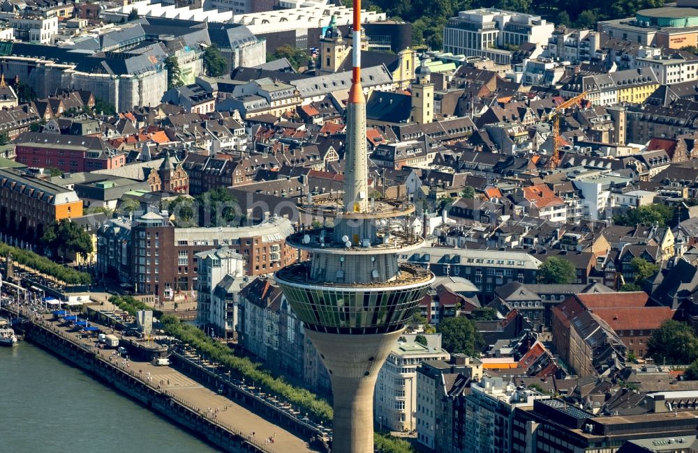 Aerial image Düsseldorf - Top of the Television Tower Rheinturm with the city center in the background in Duesseldorf in the state North Rhine-Westphalia