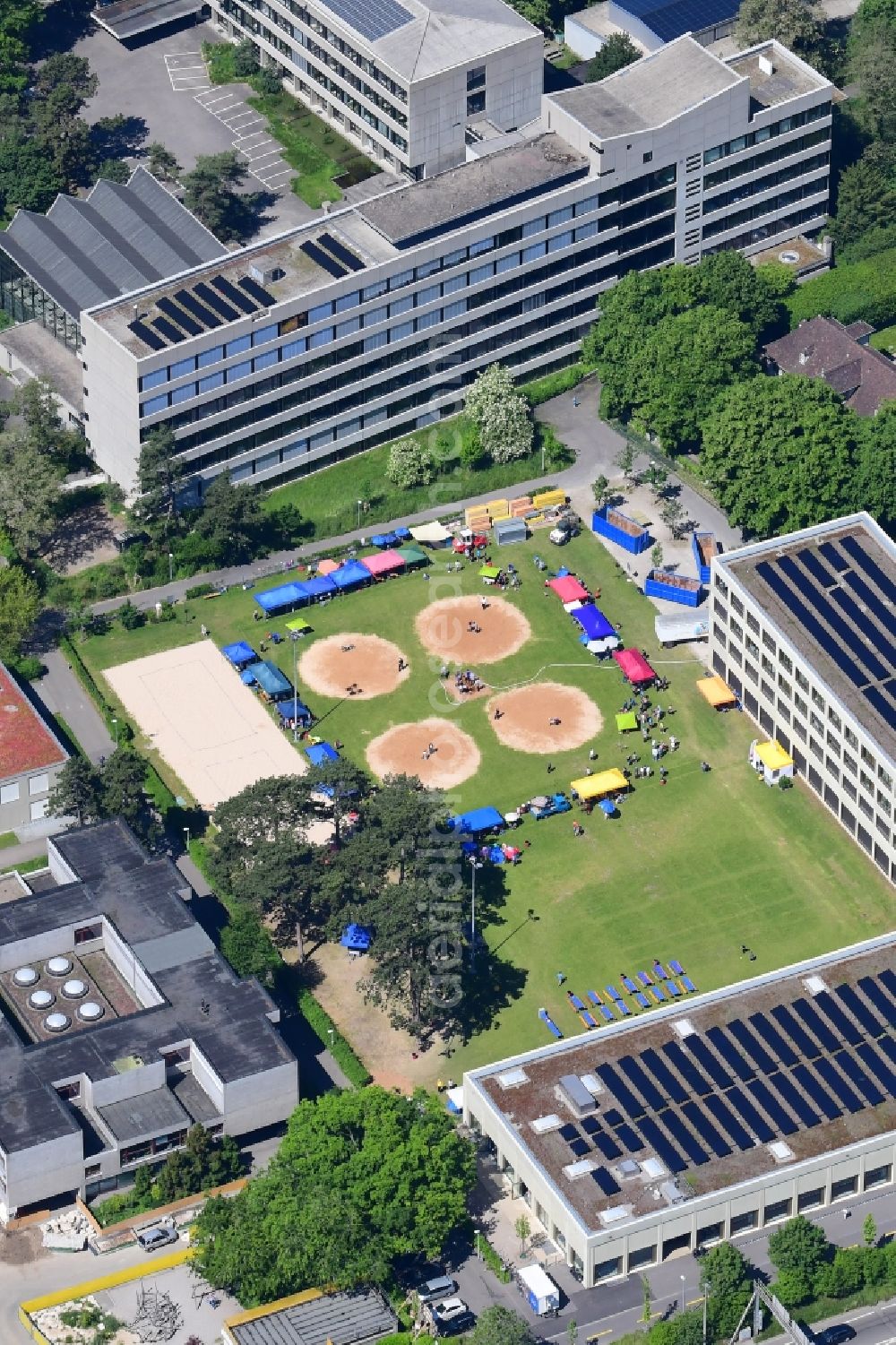 Aerial photograph Basel - Sports arena in the school area Sandgruben for the Swiss national sport Schwingen, in Basel, Switzerland