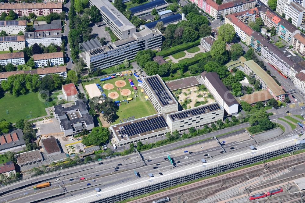 Basel from above - Sports arena in the school area Sandgruben for the Swiss national sport Schwingen, in Basel, Switzerland