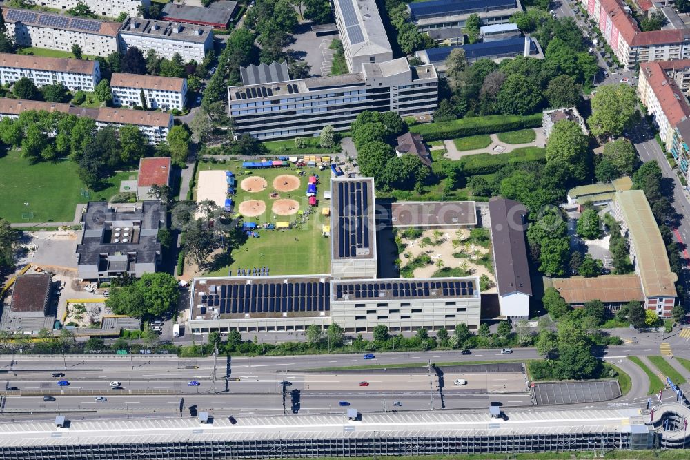 Basel from the bird's eye view: Sports arena in the school area Sandgruben for the Swiss national sport Schwingen, in Basel, Switzerland