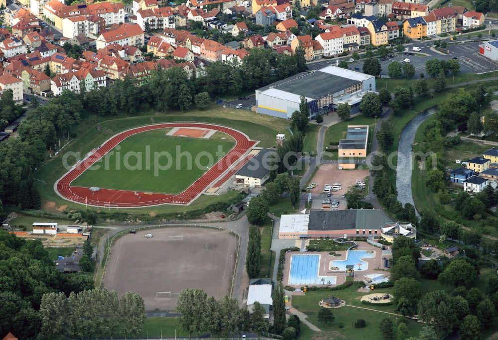 Aerial photograph Eisenach - The sports and leisure center at the Katzenaue is located in Eisenach in Thuringia. The sports complex consists of the Wartburg-Stiftung Eisenach Stadium, the Werner-Assam-hall, the outdoor and indoor Aquaplex and other smaller sports and leisure facilities