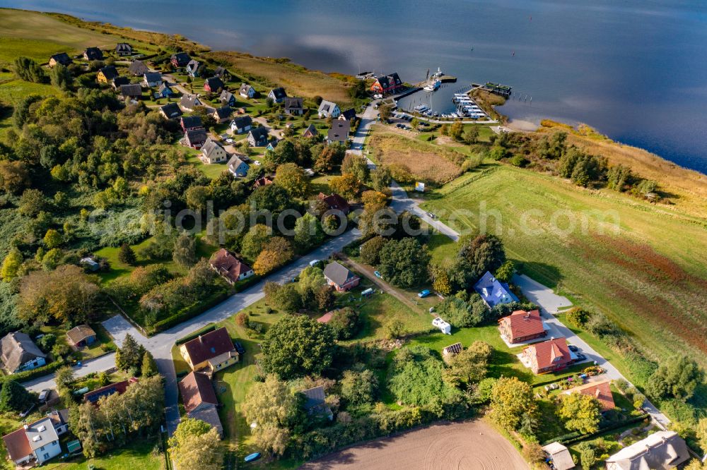 Vieregge from above - Pleasure boat and sailing boat mooring and boat moorings in the harbor Boutique Hafen Vieregge on street Am Breetzer Bodden in Vieregge in the state Mecklenburg - Western Pomerania, Germany