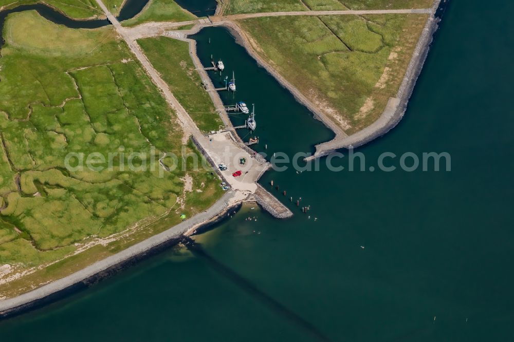 Aerial image Nordstrand - Sport and sailing boat - landing stage in Nordstrandischmoor in Nordstrand in the state Schleswig-Holstein, Germany