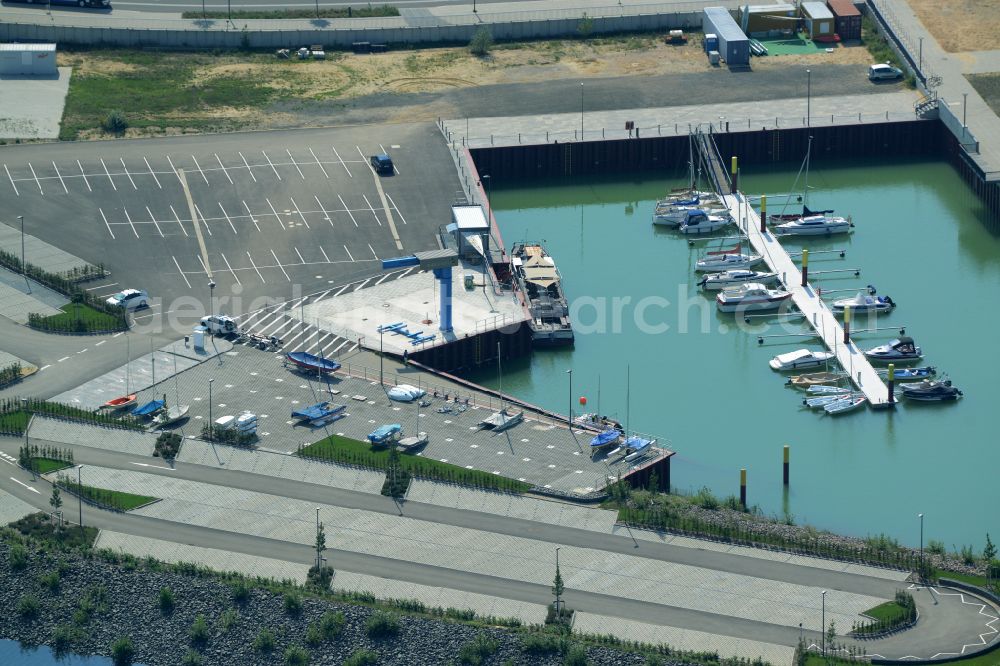 Aerial image Zwenkau - Pleasure boat and sailing boat mooring and boat moorings in the harbor on Zwenkauer See on street Hafenstrasse in Zwenkau in the state Saxony, Germany