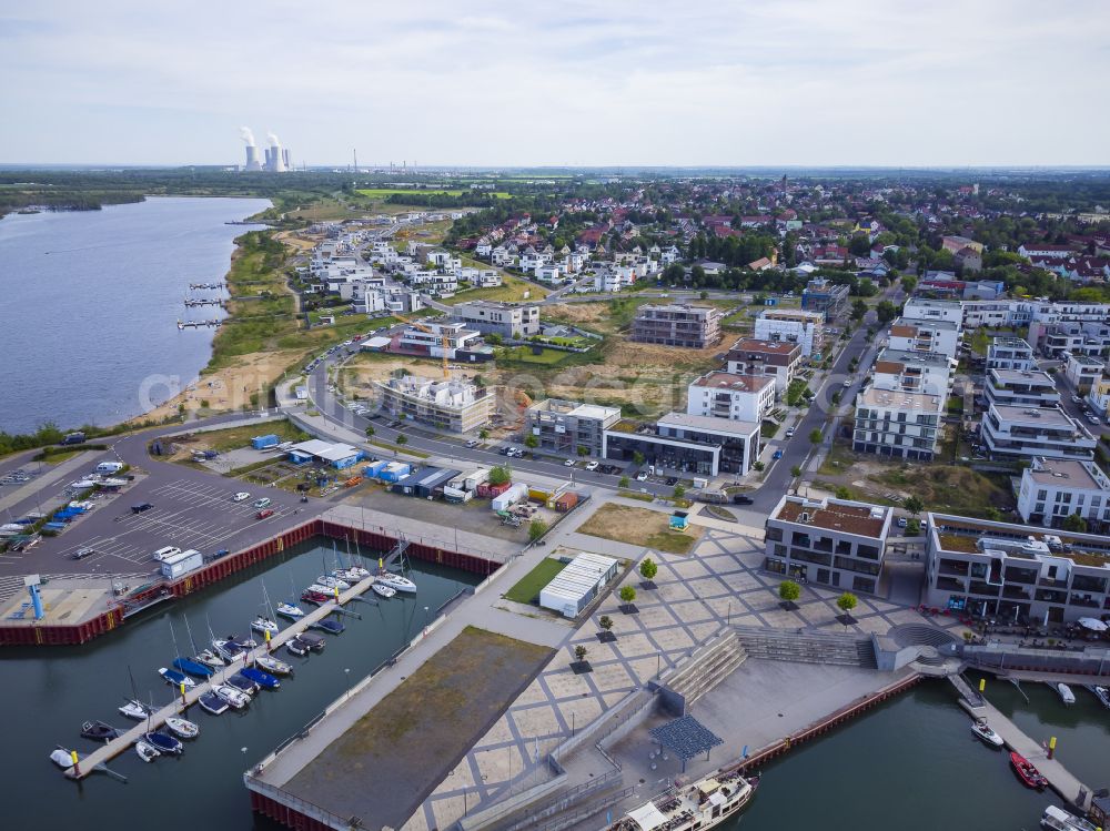 Zwenkau from above - Pleasure boat and sailing boat mooring and boat moorings in the harbor on Zwenkauer See on street Hafenstrasse in Zwenkau in the state Saxony, Germany