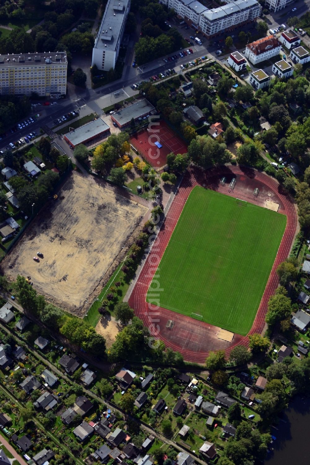 Berlin OT Köpenick from above - View of the sports field Allendeviertel in the district of Koepenick in Berlin