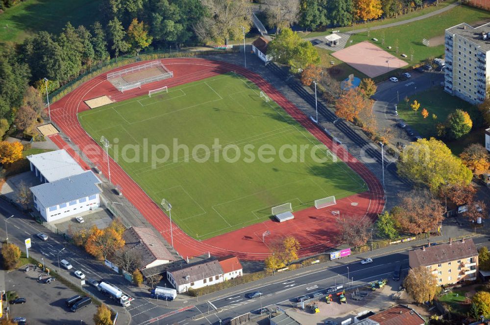 Aerial photograph Aschaffenburg - Die Sportanlage des SV Damm im Bayrischen Aschaffenburg, wird außer dem Verein noch von Schulen genutzt. Die Anlage verfügt über eine Laufbahn und ein Flutlichter. The sports complex in Aschaffenburg, Bayern is the home playground of the SV Damm and is also used by schools.