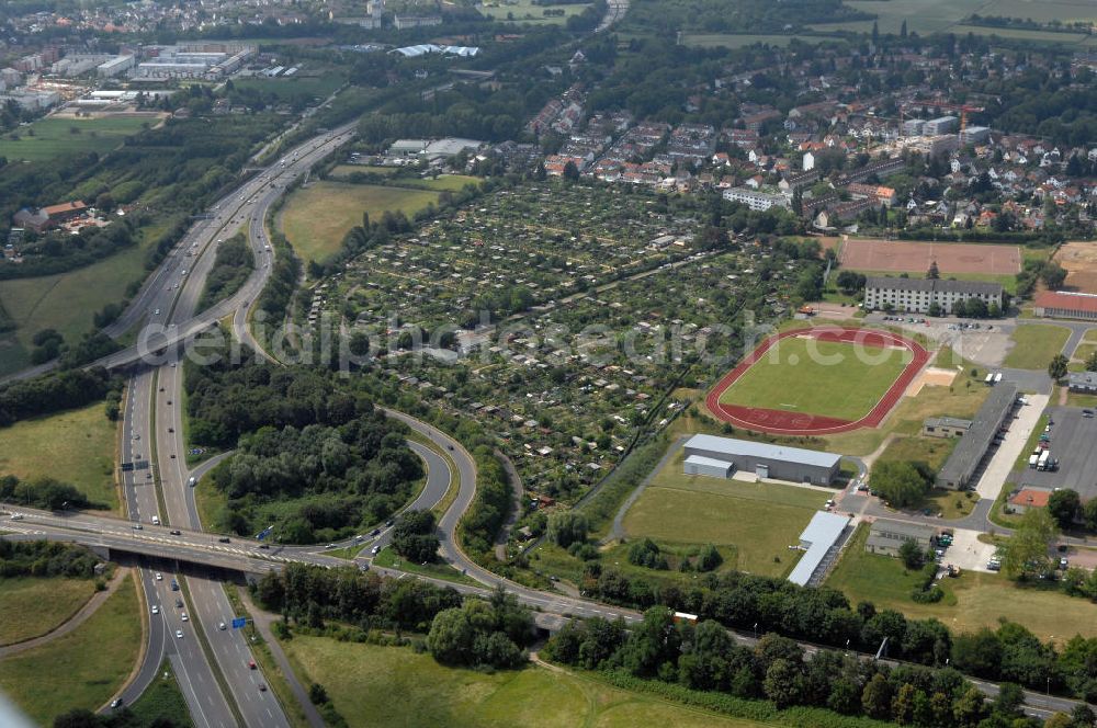 Frankfurt am Main from above - Blick auf die Sportanlage Frankfurter Berg des TSG 1957 Frankfurter Berg. Die Anlage wurde 1959 errichtet und ist der größte Hartplatz Frankfurts.