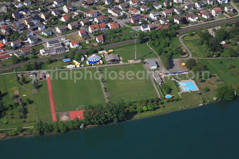 Aerial image Schwörstadt - Sports facilities and swimming pool at the river Rhine in Schwoerstadt in the state Baden-Wuerttemberg, Germany