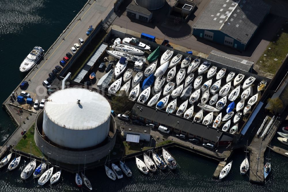 Kopenhagen from above - Sports boat storage area and boat on Lautrupskaj in Copenhagen in Denmark