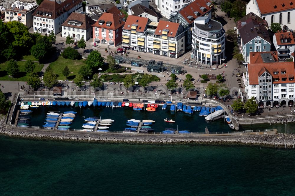 Friedrichshafen from the bird's eye view: Sports boat moorings and boat berths on the shore area of a??a??Lake Constance of boot und spass GmbH on Uferstrasse in Friedrichshafen on Lake Constance in the state Baden-Wurttemberg, Germany