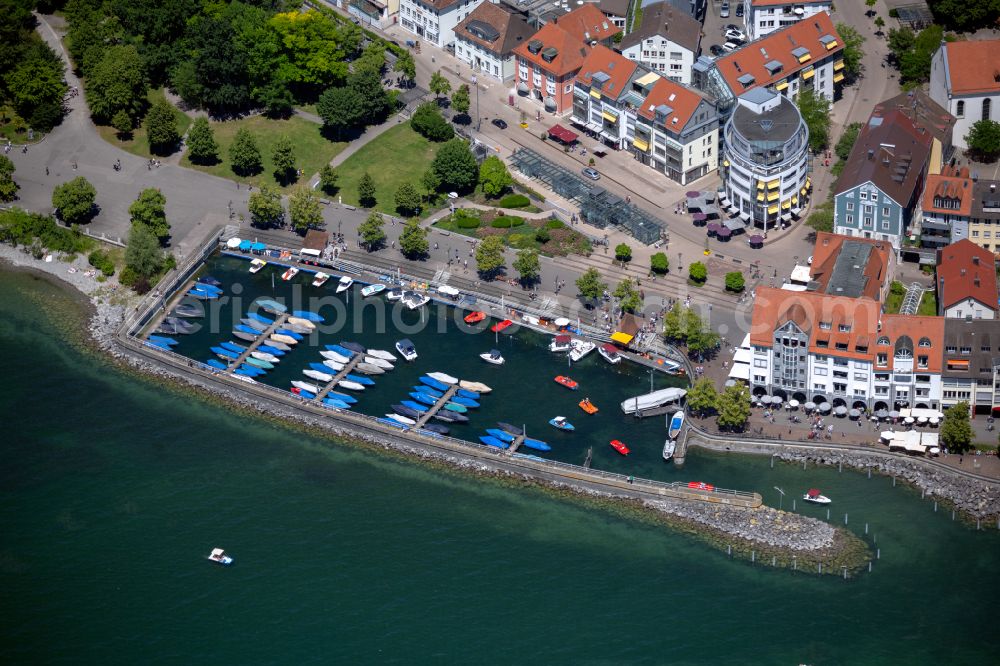 Friedrichshafen from the bird's eye view: Sports boat moorings and boat berths on the shore area of a??a??Lake Constance of boot und spass GmbH on Uferstrasse in Friedrichshafen on Lake Constance in the state Baden-Wurttemberg, Germany