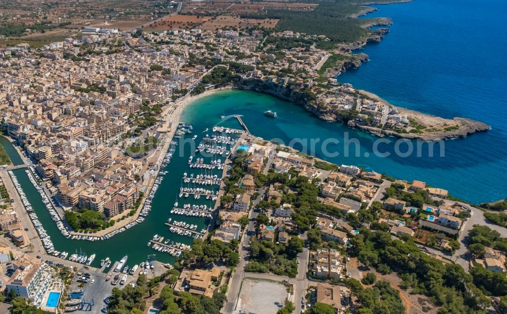 Manacor from above - Pleasure boat marina with docks and moorings on the shore area Cala Manacor in Manacor in Balearic island of Mallorca, Spain