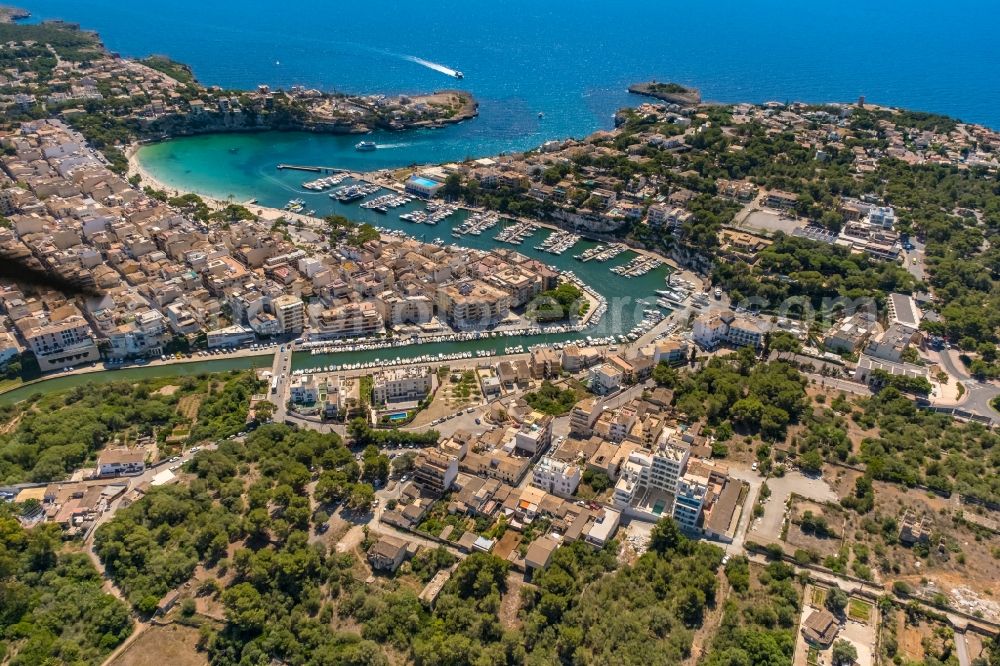 Manacor from above - Pleasure boat marina with docks and moorings on the shore area Cala Manacor in Manacor in Balearic island of Mallorca, Spain