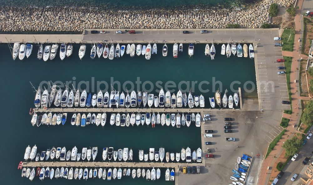 Colonia de Sant Pere from the bird's eye view: Pleasure boat marina with docks and moorings in Colonia de Sant Pere Colonia San Pedro in Balearic Islands, Spain