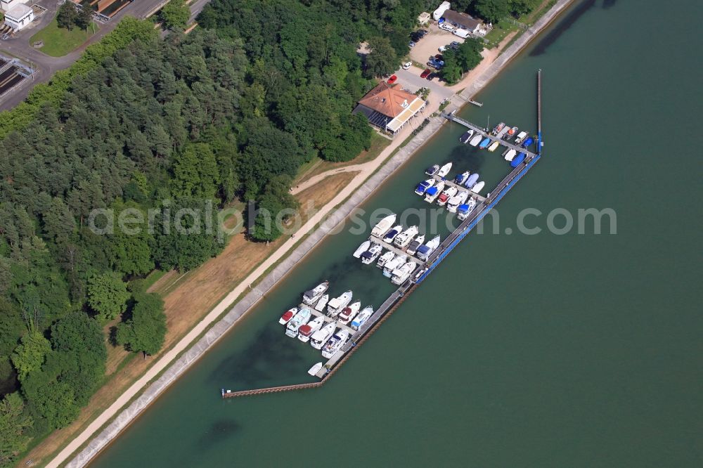 Weil am Rhein from above - Pleasure boat marina with docks and moorings on the shore area of the river Rhine in Weil am Rhein in the state Baden-Wurttemberg, Germany