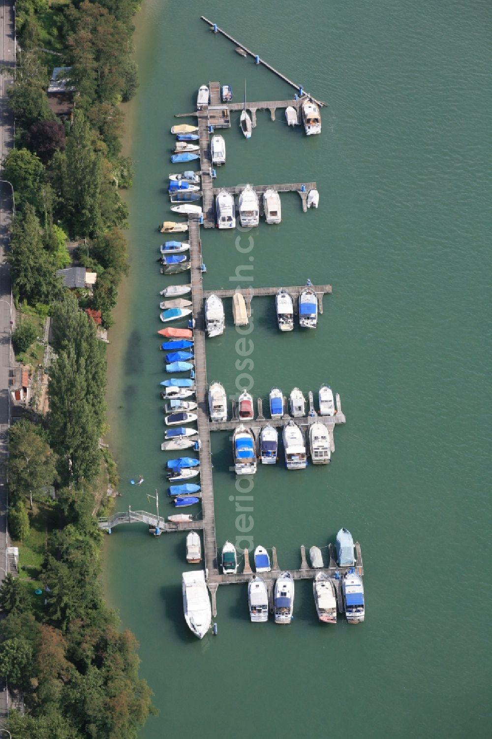 Grenzach-Wyhlen from above - Pleasure boat marina with docks and moorings on the shore area of the river Rhine in Grenzach-Wyhlen in the state Baden-Wuerttemberg