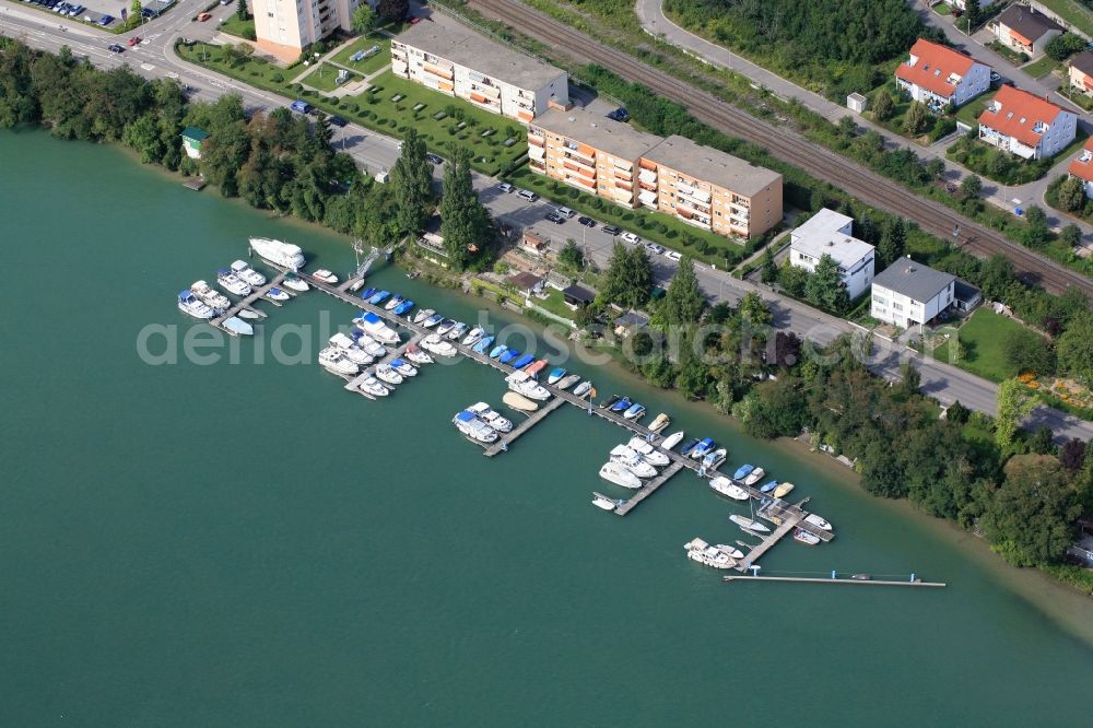 Aerial image Grenzach-Wyhlen - Pleasure boat marina with docks and moorings on the shore area of the river Rhine in Grenzach-Wyhlen in the state Baden-Wuerttemberg