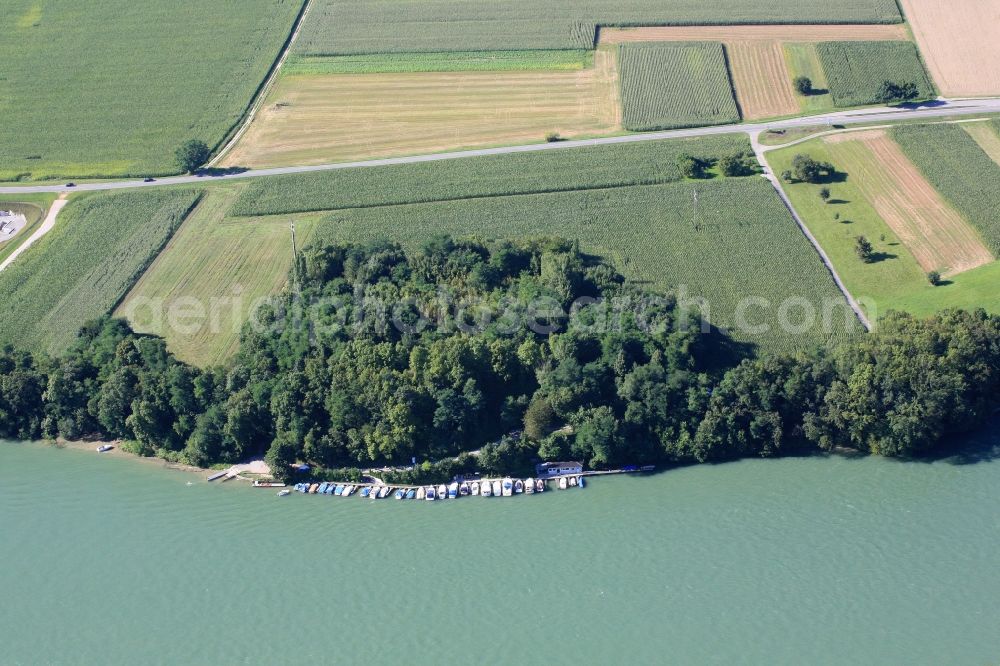 Rheinfelden (Baden) from the bird's eye view: Pleasure boat marina with docks and moorings on the shore area of the river Rhine in Rheinfelden (Baden) in the state Baden-Wuerttemberg