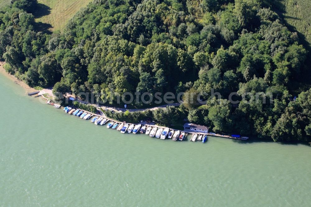 Rheinfelden (Baden) from above - Pleasure boat marina with docks and moorings on the shore area of the river Rhine in Rheinfelden (Baden) in the state Baden-Wuerttemberg