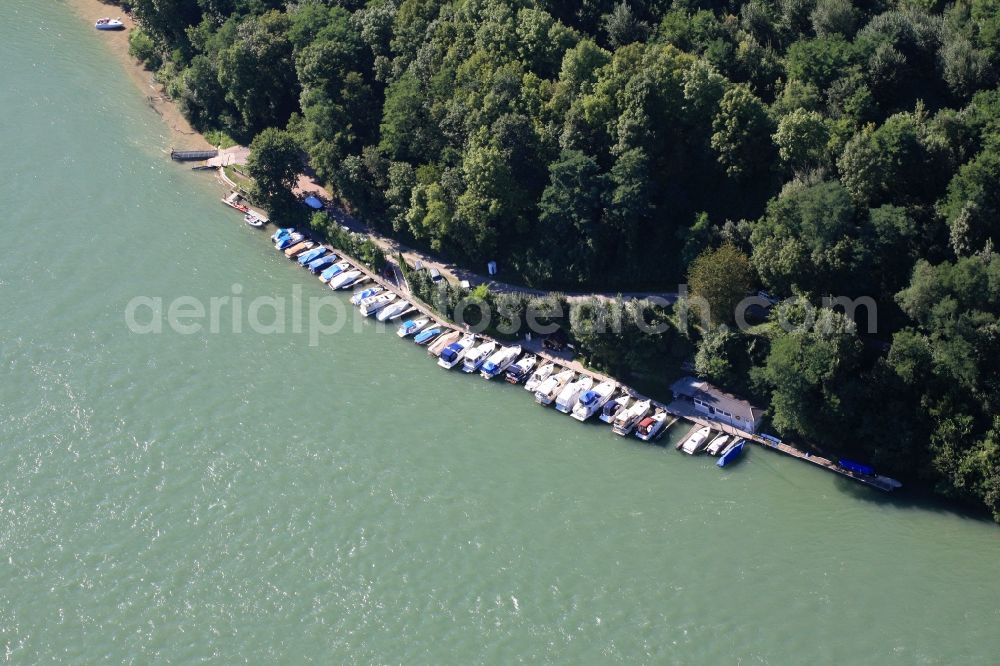 Rheinfelden (Baden) from the bird's eye view: Pleasure boat marina with docks and moorings on the shore area of the river Rhine in Rheinfelden (Baden) in the state Baden-Wuerttemberg