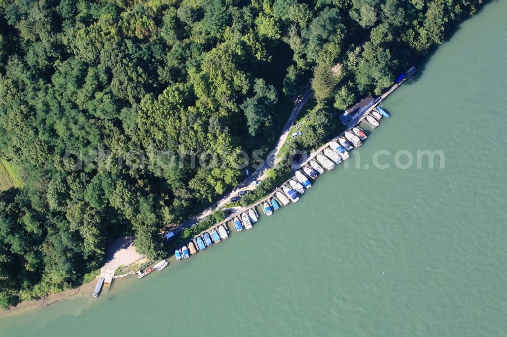 Aerial image Rheinfelden (Baden) - Pleasure boat marina with docks and moorings on the shore area of the river Rhine in Rheinfelden (Baden) in the state Baden-Wuerttemberg