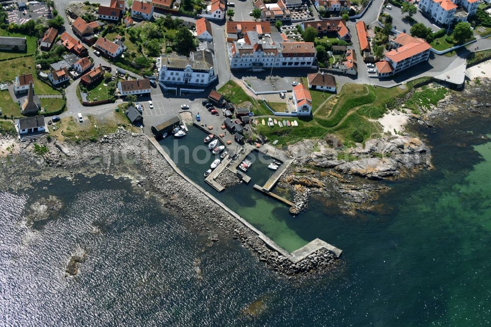 Aerial image Allinge-Sandvig - Pleasure boat marina with docks and moorings on the shore area in Allinge- Sandvig on Bornholm Island in Region Hovedstaden, Denmark