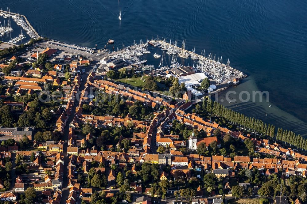 Aeroeskoebing from above - Sports boat landing stages and boat moorings in the old harbour in Aeroeskoebing in Syddanmark, Denmark