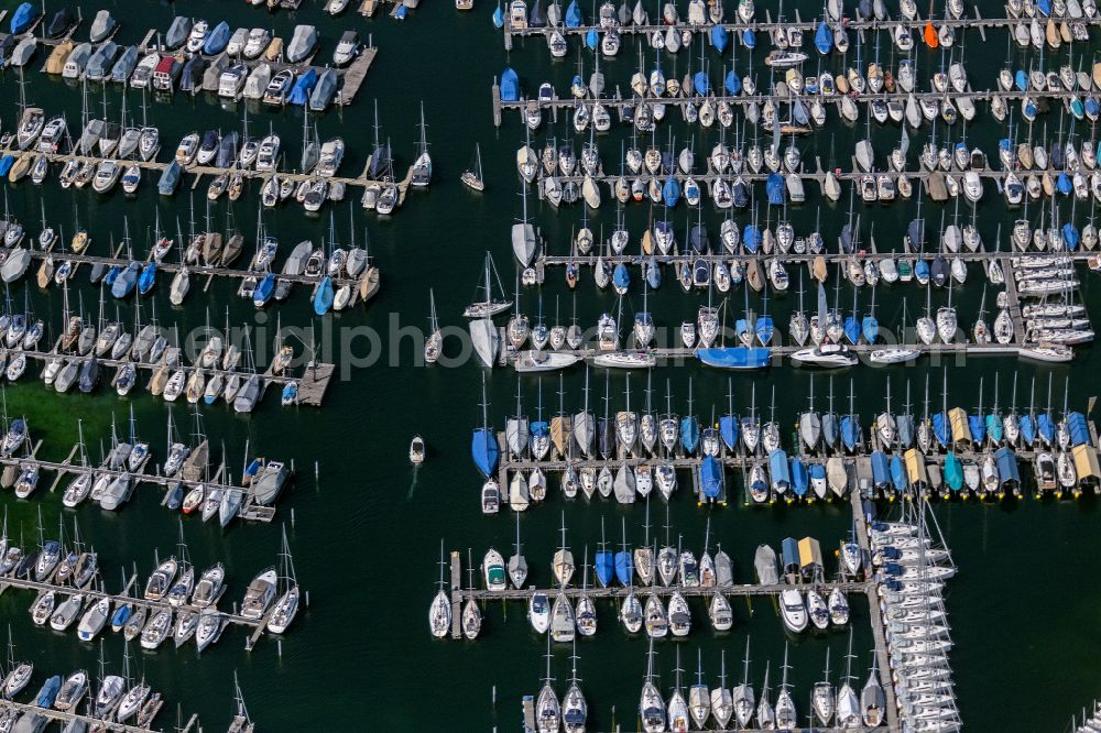 Aerial photograph Kressbronn am Bodensee - Pleasure boat marina with docks and moorings on the shore area of Lake of Constance in Kressbronn am Bodensee in the state Baden-Wuerttemberg, Germany