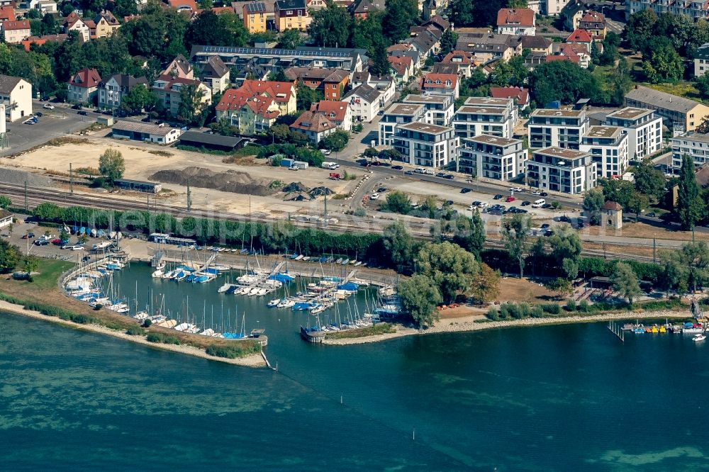 Aerial image Radolfzell am Bodensee - Pleasure boat marina with docks and moorings on the shore area on Karl-Wolf-Strasse in Radolfzell am Bodensee in the state Baden-Wurttemberg, Germany