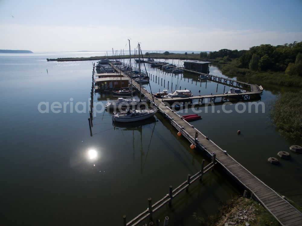 Aerial image Krummin - Pleasure boat marina with docks and moorings on the shore area in Krummin in the state Mecklenburg - Western Pomerania, Usedom