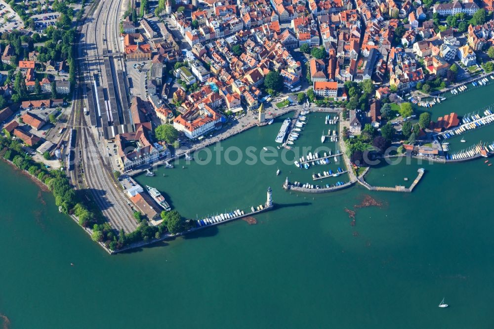 Aerial image Lindau (Bodensee) - Pleasure boat marina with docks and moorings on the shore area in Lindau (Bodensee) in the state Bavaria, Germany