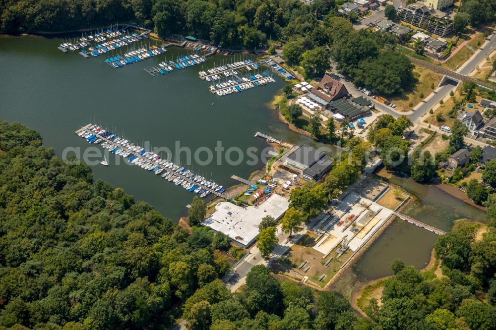 Haltern am See from the bird's eye view: Pleasure boat marina with docks and moorings on the shore area Muehlenbach in Haltern am See in the state North Rhine-Westphalia, Germany