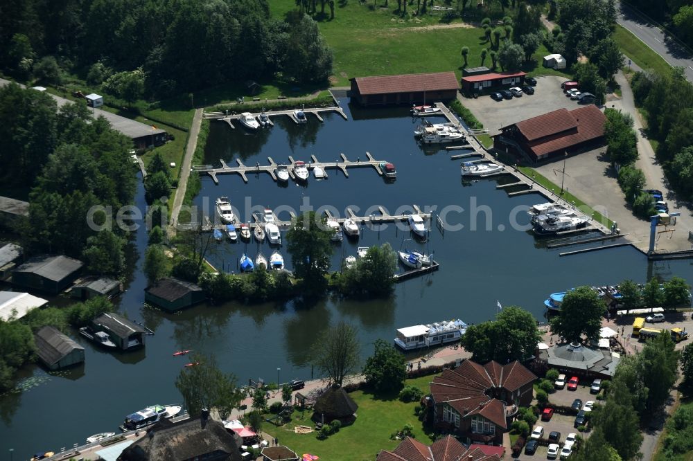 Aerial image Plau am See - Pleasure boat marina with docks and moorings on the shore area in Plau am See in the state Mecklenburg - Western Pomerania