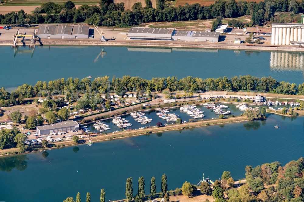 Biesheim from above - Pleasure boat marina with docks and moorings on the shore area of the Rhine river in Biesheim in Elsass, France