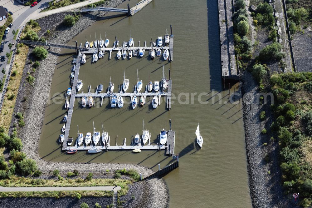 Hamburg from above - Pleasure boat marina with docks and moorings on the shore area Rueschkanal on street Rueschweg in Hamburg, Germany