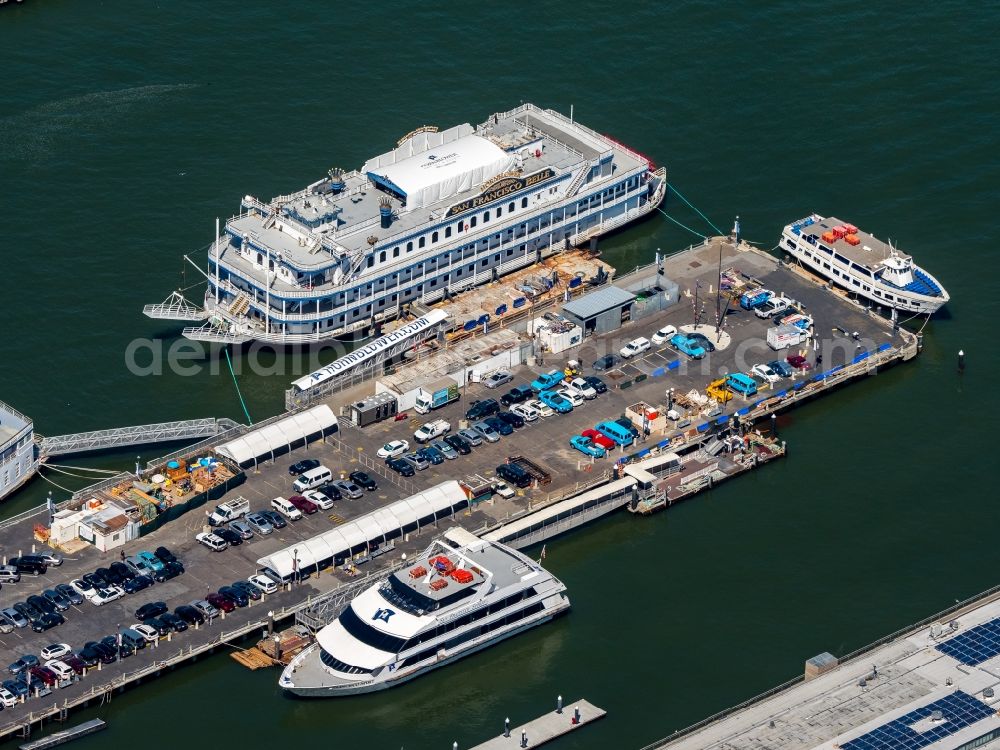 Aerial image San Francisco - Pleasure boat marina with docks and moorings on the shore area in San Francisco in California, USA