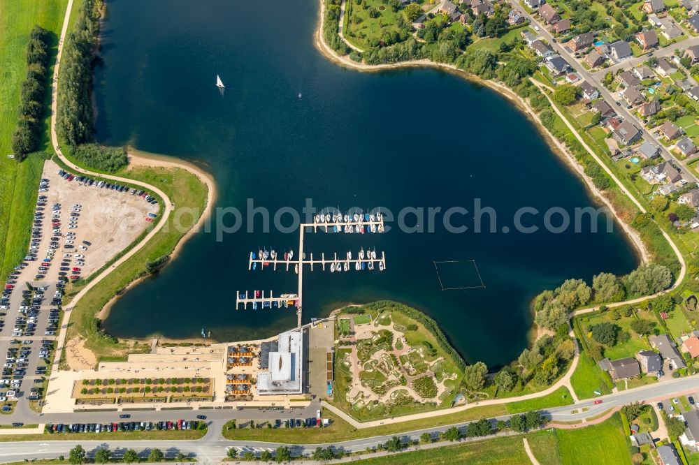 Xanten from above - Pleasure boat marina with docks and moorings on the shore area of Xantener Suedsee in Xanten in the state North Rhine-Westphalia, Germany